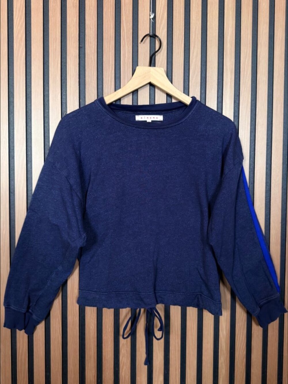 Xirena Sweater Small Womens Blue Waist Tie Crewneck Pullover Fleece Stripe Trim